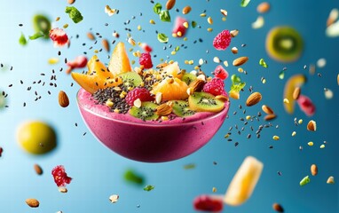 Wall Mural - A vibrant smoothie bowl levitating with fruits, seeds, and nuts in the air