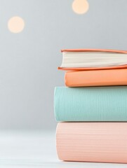 Poster - Pastel Book Stack on Minimalist Background with Soft Lighting
