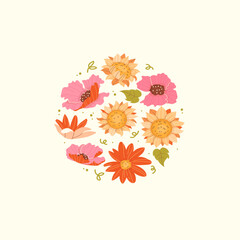 Fototapete - Round floral banner with daisies, sunflowers, poppies