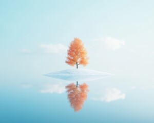 Wall Mural - Vibrant Autumn Tree Reflected on Calm Water Island Under Serene Blue Sky