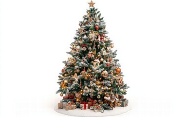 Wall Mural - christmas tree with decorations toys and lights on white background