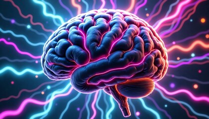 Fototapete - Vibrant 3D brain depiction with multicolored light pathways representing creativity and technology