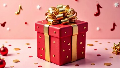 Vibrant 3D render of a wrapped red gift box with a golden bow for holiday cheer