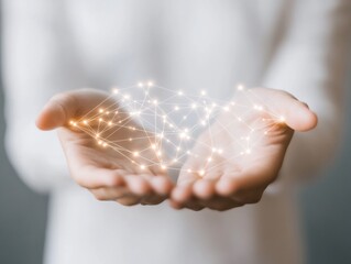 Aufkleber - Hands Gesturing Over Luminous Blockchain Diagram in Neutral Minimalist Style