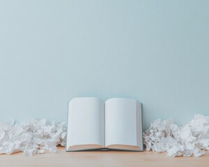 Poster - Open Book Amid Crumpled Papers on Wooden Table Against Minimalist Background