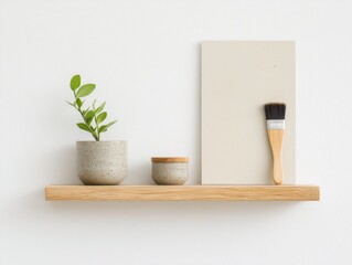 Poster - Minimalist Artisan Display with Handcrafted Pottery and Painting Supplies on Wooden Shelf