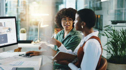 Aufkleber - Web designer, meeting and computer with manager, discussion or night review for data analysis. Presentation, woman and man for overtime training, website and advice for brainstorming and development