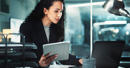 Poster - Night, tablet or woman accountant with laptop for finance management, business or budget review. Accounting, research or profit report on technology for audit deadline, tax compliance or reading info