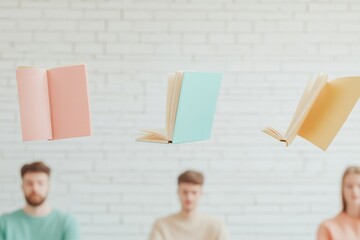 Aufkleber - Floating Books with People Surreal Minimalism and Community Learning