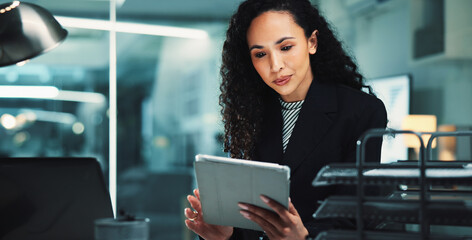 Poster - Night, deadline or woman accountant with tablet for finance management, business or budget review. Accounting, research or profit report on technology for audit, tax compliance or reading online info