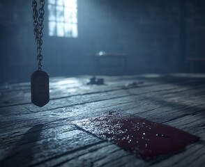 Wall Mural - A dimly lit room with a bloodstained floor and a hanging object.