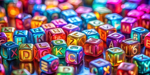 Wall Mural - bokeh cubes: abstract letter cubes photography, colorful 3d letters, depth of field, soft focus, art