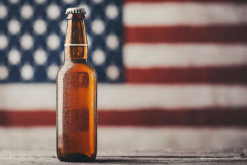 Brown glass bottle of beer with condensation on table against a backdrop of a vintage American flag evoking a sense of patriotism and relaxation