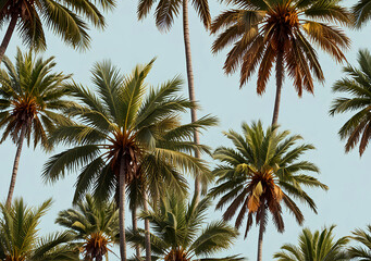 Coconut palm trees on blue sky background. Vintage tone