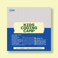Coding, computer programming and kids technology educational editable social media post, banner, ad template, Kid technology class promotional advertisements and social media square flyer poster story