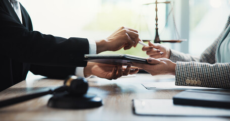 Poster - hands, people and meeting with tablet, legal office and contract review for company compliance. atto