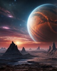 Canvas Print - A surreal alien planet with towering crystal formations glowing in iridescent hues, framed by a star-streaked sky. In the background