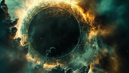 Wall Mural - Cosmic void surrounded by vibrant flames and celestial clouds in a dramatic astronomical setting
