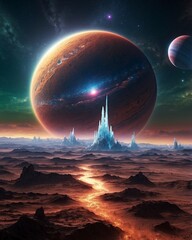 Canvas Print - A surreal alien planet with towering crystal formations glowing in iridescent hues, framed by a star-streaked sky. In the background