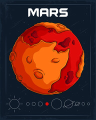 Poster - hand drawn fiery energetic reddish mars planet in outer space full of comet and asteroid, red planet