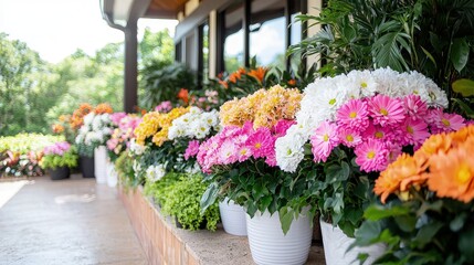 Wall Mural - Vibrant potted chrysanthemum flowers in various colors arranged on a patio.