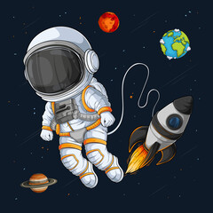 Wall Mural - hand drawn astronaut in spacesuit floating in outer space universe over space rocket and planets