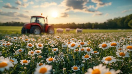 Wall Mural - Daisy field at sunset with red tractor and grazing cattle