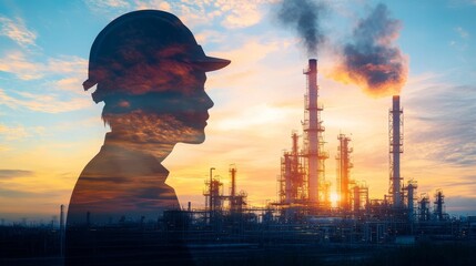Poster - industrial worker observing oil refinery operations at dusk engineering urban environment silhouette