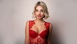 © Route66 - beautiful young English woman, blond bob hair, red lace bustier,