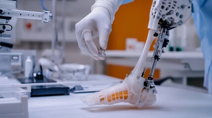 Poster - Robotic prosthetic limb development medical lab technology innovation controlled environment close-up view future of healthcare
