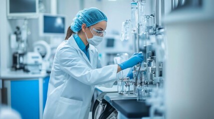 Poster - Laboratory research action science facility experiment process controlled environment close-up view scientific discovery
