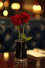 Wall Mural - A romantic arrangement of red roses in a glass vase on a wooden table.