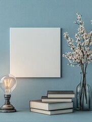 Wall Mural - Serene Home Decor Mockup: Blank Canvas, Books, and Blossoms