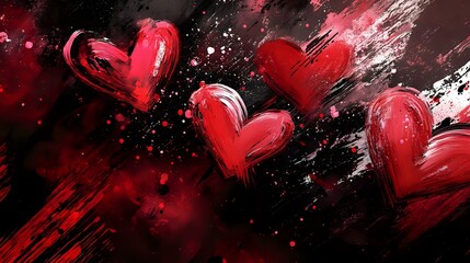 Wall Mural - Artistic red and black Valentine theme with bold brushstroke hearts, glowing sparkles and a dramatic modern aesthetic