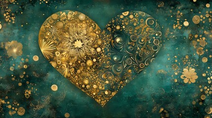 Wall Mural - Deep emerald and gold Valentine abstract design with intricate patterns, soft glowing sparkles and a touch of elegant mystery