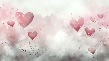 Wall Mural - Dusky pink and gray Valentine background with watercolor hearts, glowing embers and soft, muted tones evoking tender affection