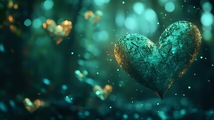Wall Mural - Enchanted forest Valentine theme with emerald and brown hues, heart-shaped leaves and glowing particles, symbolizing natural romance