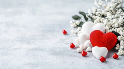 Wall Mural - Romantic Valentine's Day scene with red and white hearts, flowers, and candies on a gray background.