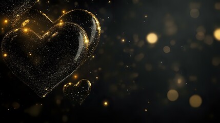 Wall Mural - Glittery black and gold Valentine theme with luxurious metallic accents, glowing heart outlines and sparkling starry effects for a classy romantic tone