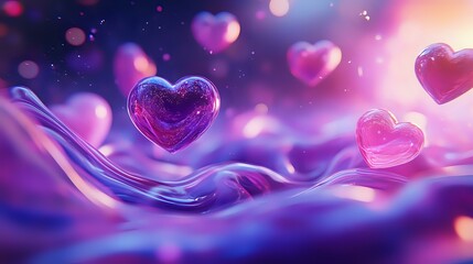 Wall Mural - Gradient purple and pink Valentine theme with holographic hearts, glowing orbs and swirling sparkles evoking feelings of enchantment and love