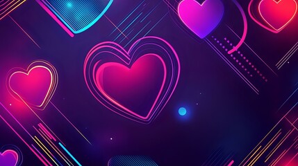 Wall Mural - Neon Valentine background with bright purple, pink and blue heart outlines, glowing geometric patterns and futuristic aesthetics