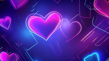 Wall Mural - Neon Valentine background with bright purple, pink and blue heart outlines, glowing geometric patterns and futuristic aesthetics