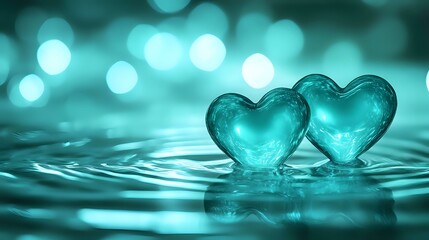 Wall Mural - Mystic teal and aquamarine Valentine design with glowing water-inspired hearts, soft ripples and glimmering light effects symbolizing serene romance