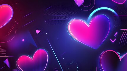 Wall Mural - Neon Valentine background with bright purple, pink and blue heart outlines, glowing geometric patterns and futuristic aesthetics