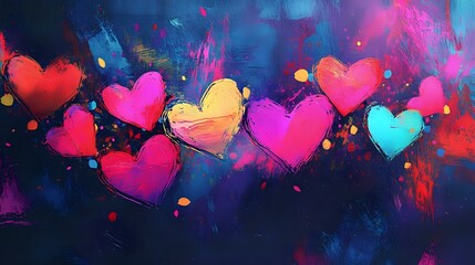 Wall Mural - Playful multicolor Valentine abstract with neon hearts, confetti-like sparkles and vibrant brush strokes for a lively celebration of love