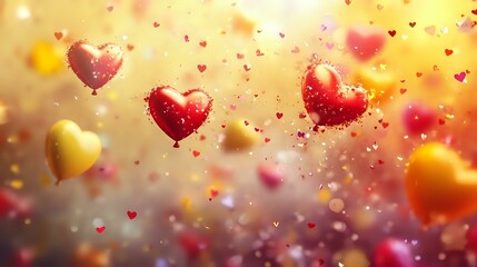 Wall Mural - Playful Valentine background with bright red, yellow and pink tones, heart-shaped balloons and cheerful confetti sparkles