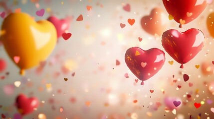 Wall Mural - Playful Valentine background with bright red, yellow and pink tones, heart-shaped balloons and cheerful confetti sparkles