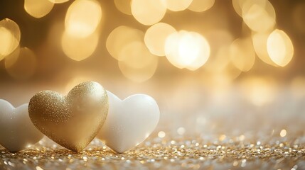 Wall Mural - Radiant golden and white Valentine abstract with glittering heart confetti, glowing bokeh and a luxurious romantic tone