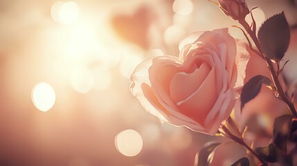 Wall Mural - Soft rose and champagne Valentine background with faded floral heart patterns, gentle light flares and dreamy pastel accents for tender affection