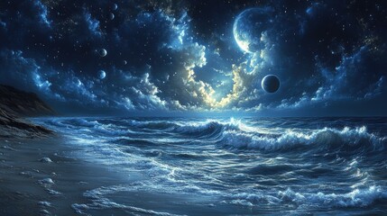Wall Mural - A serene night seascape with planets and clouds under a starry sky.